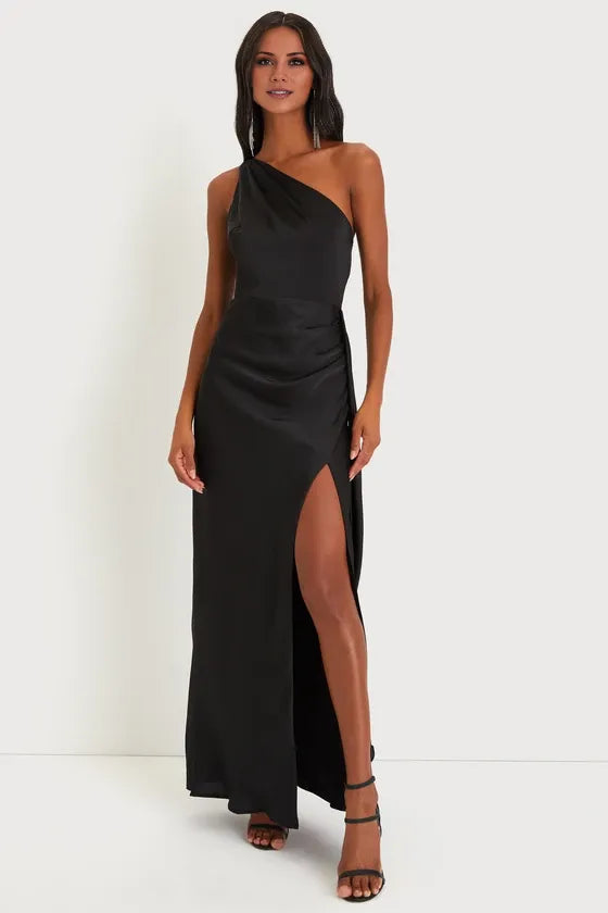TingPo Wholesale Signature Elegance Black Satin One-Shoulder Maxi Dress formal wear dresses